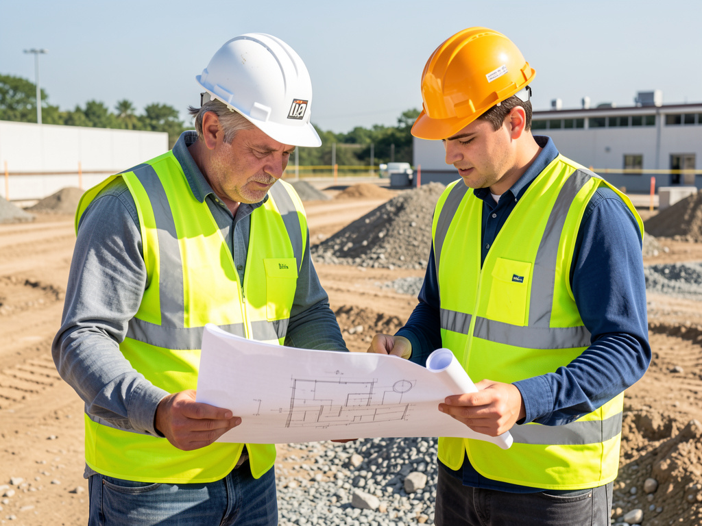 Erfahrener Polier erklärt Bauplan auf der Baustelle