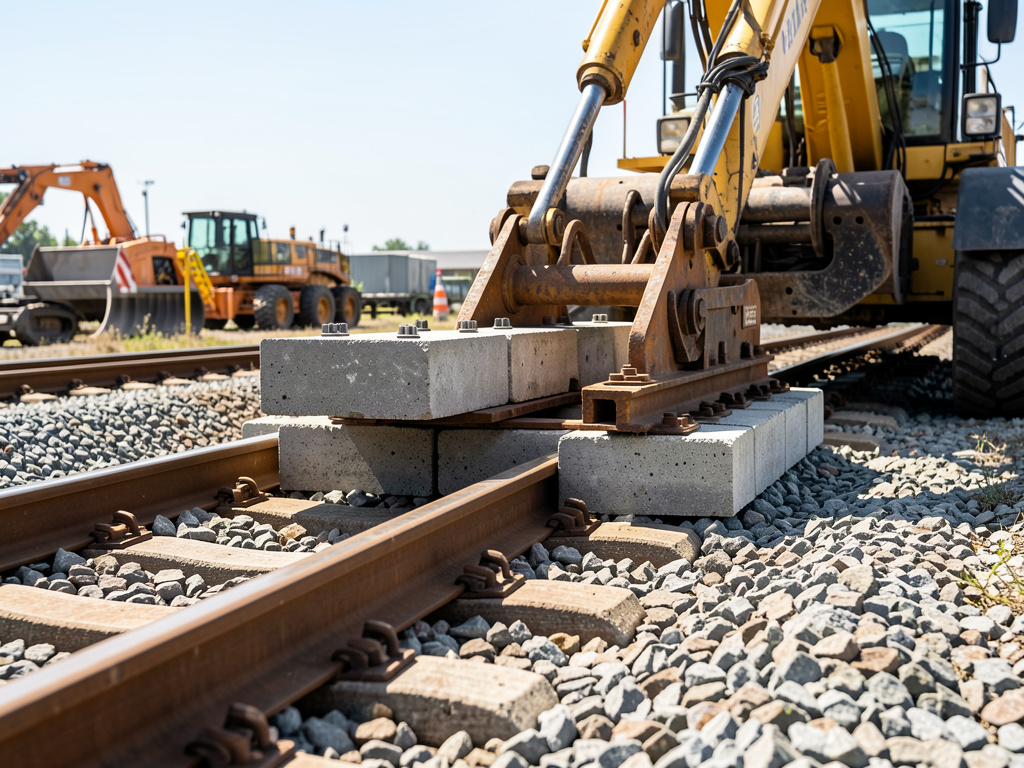 Detailreiche Aufnahme von Gleisbauarbeiten mit Schwellen und Schienen