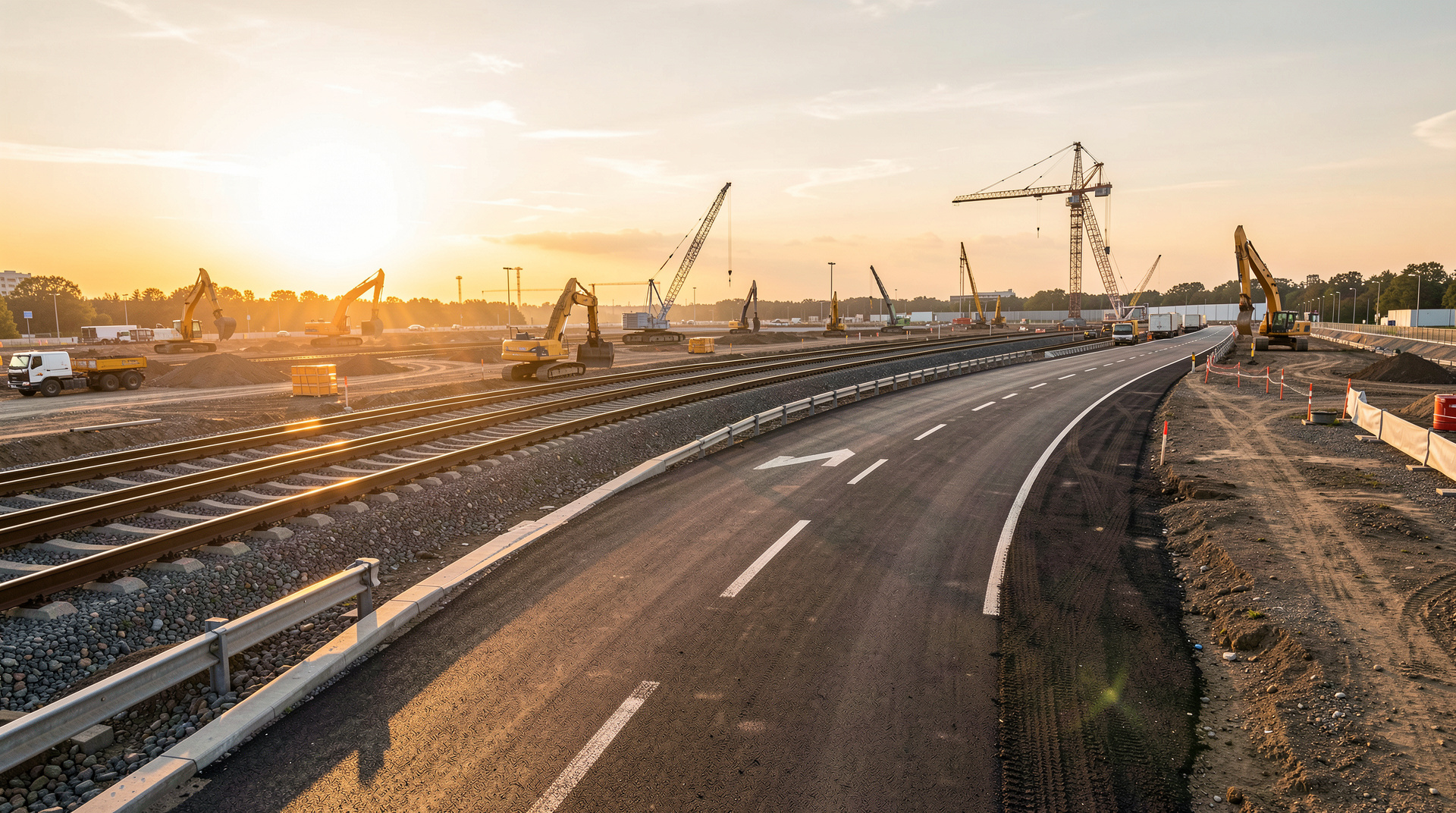 Panorama einer großen Infrastruktur-Baustelle im warmen Licht