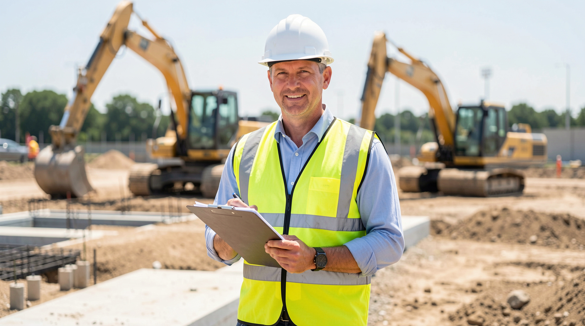 Bauleiter mit Klemmbrett auf Baustelle prüft Qualitätsstandards