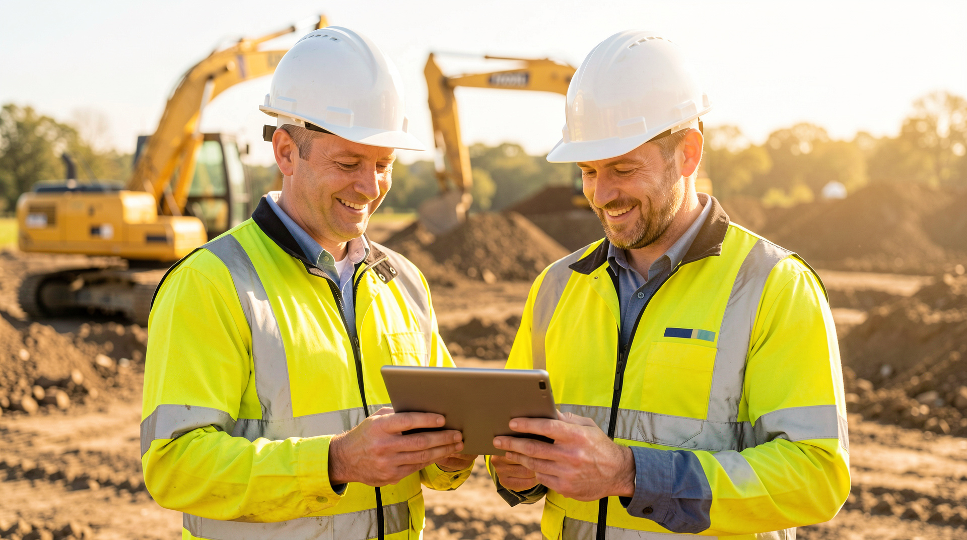 Zwei freundliche Bauarbeiter mit Helm und Warnweste besprechen ein Projekt auf dem Tablet
