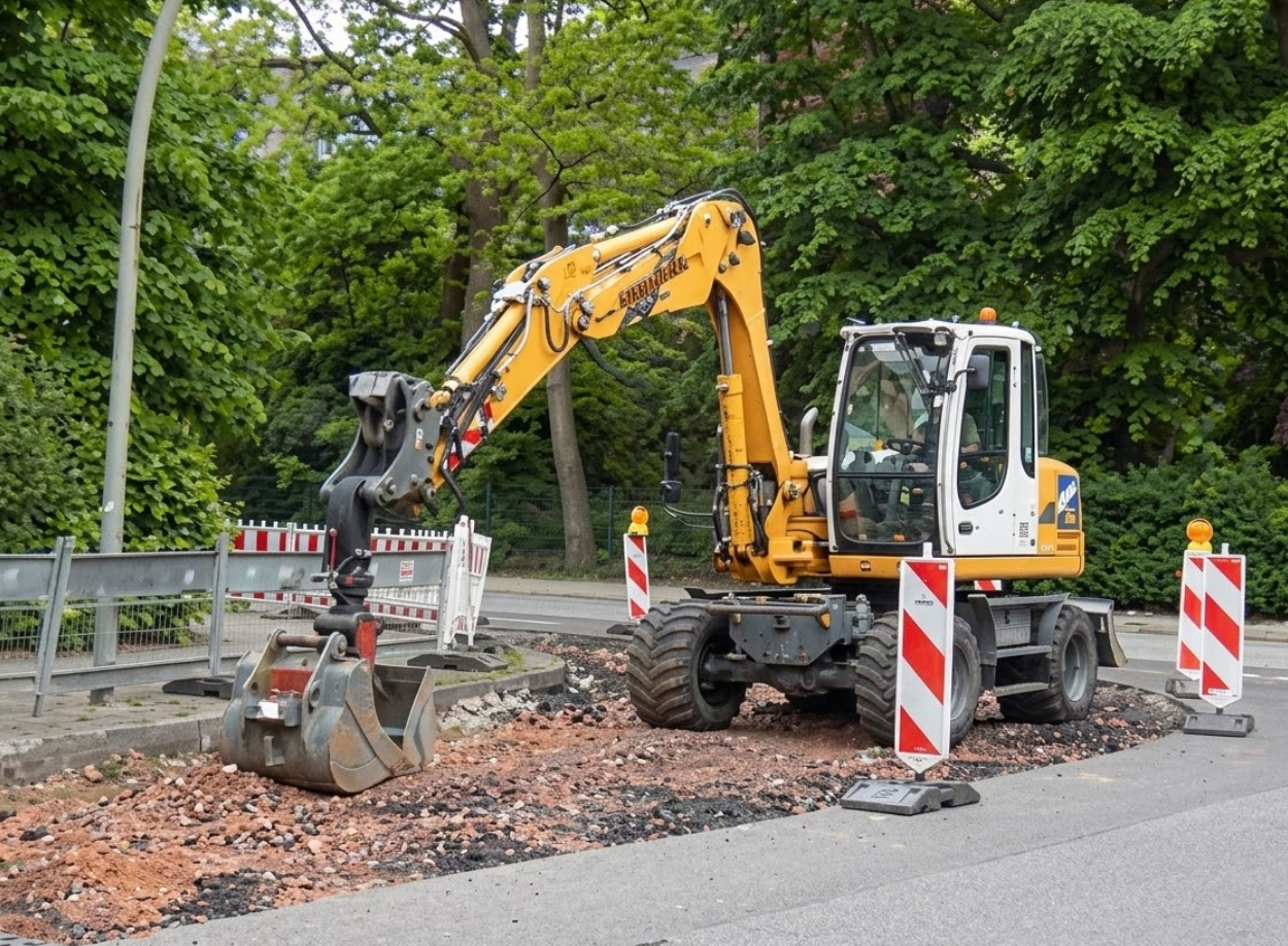Straßenbauarbeiten mit modernen Baumaschinen
