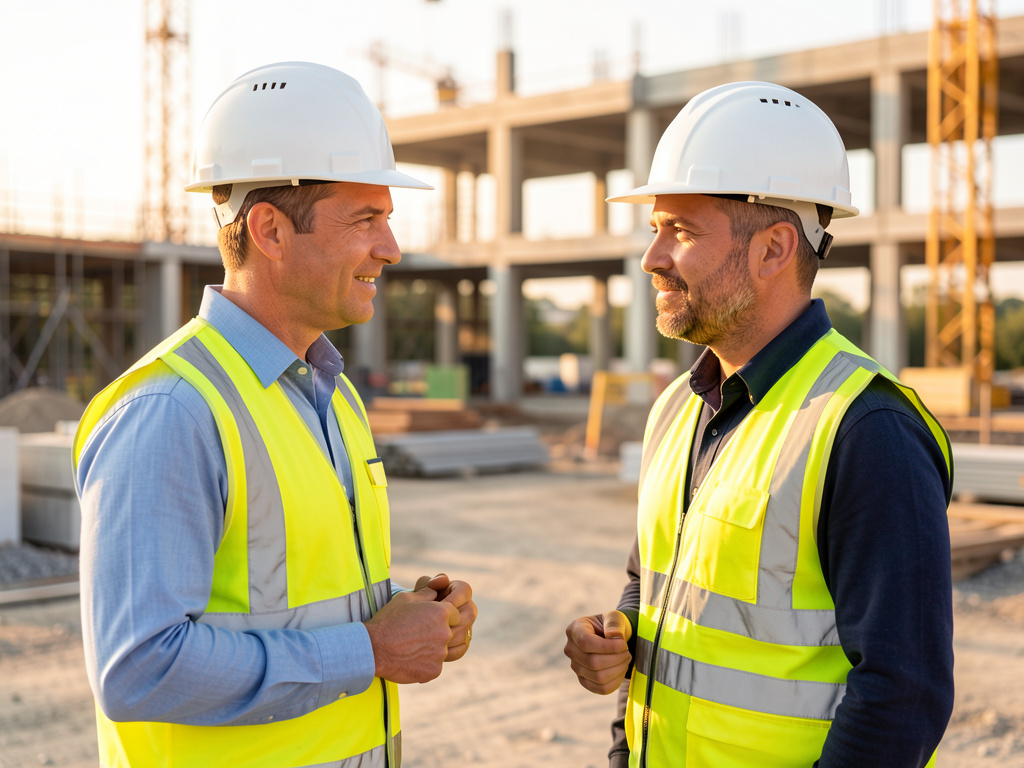 Zwei Bau-Profis im vertraulichen, respektvollen Gespräch auf einer Baustelle